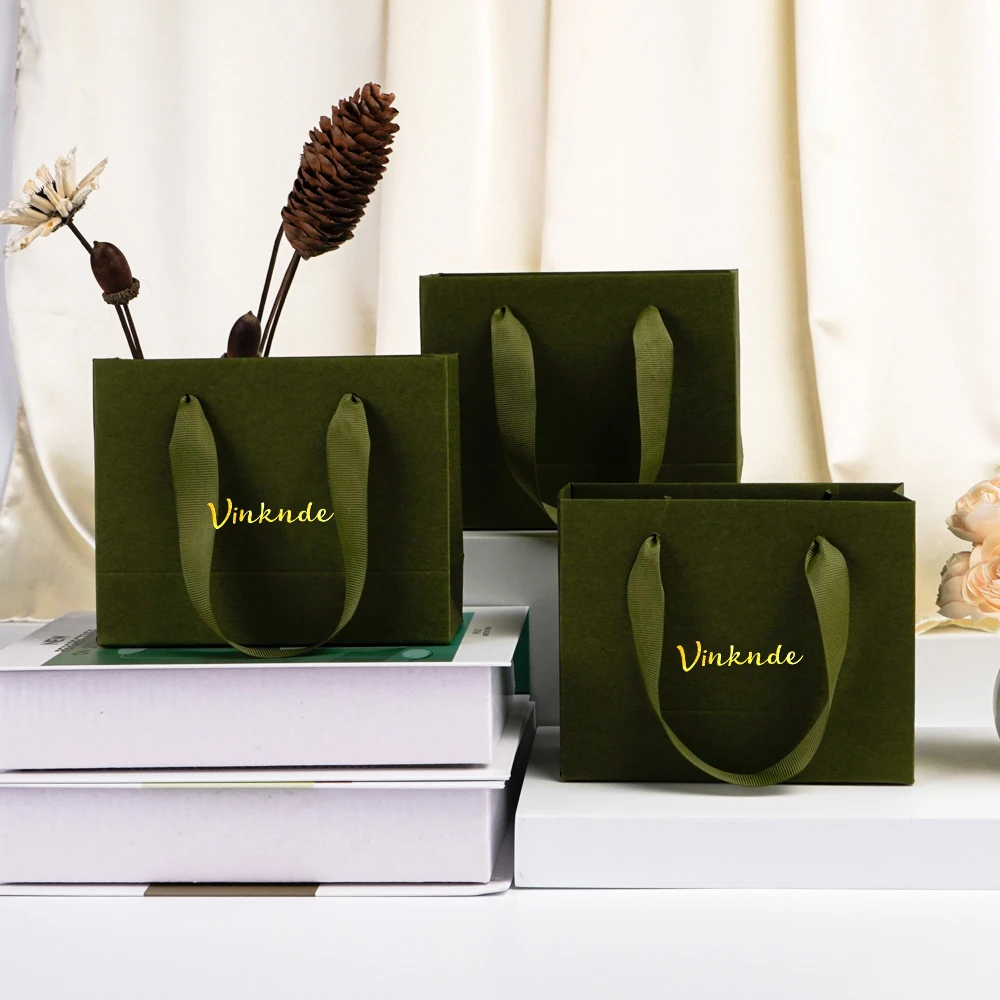 

Custom Logo Olive Green Cosmetics Luxury Jewelry Tote Bag Wedding Bridal Shower Boutique Shopper Flowers Perfume Candle Gift Bag