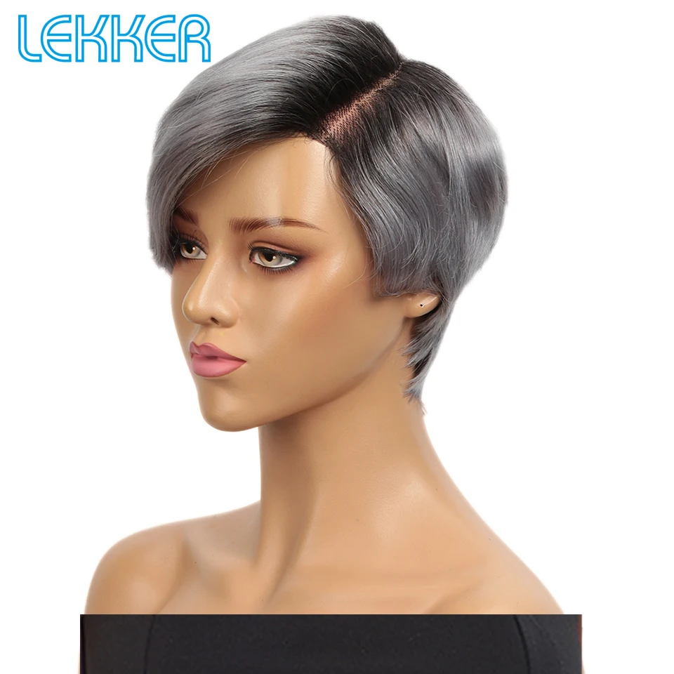 Lekker Silver Grey Short Pixie Cut Bob Part Lace Human Hair Wigs For Women Brazilian Remy Hair Glueless Colored Wear to go Wigs