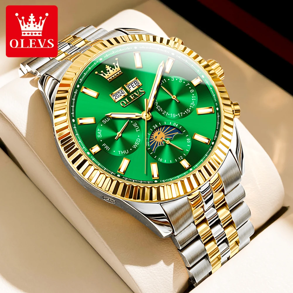 OLEVS 6688 ساعة رجالية ماركة فاخرة أصلية من الفولاذ المقاوم للصدأ تقويم مرحلة القمر مقاوم للماء ساعات آلية أوتوماتيكية مضيئة