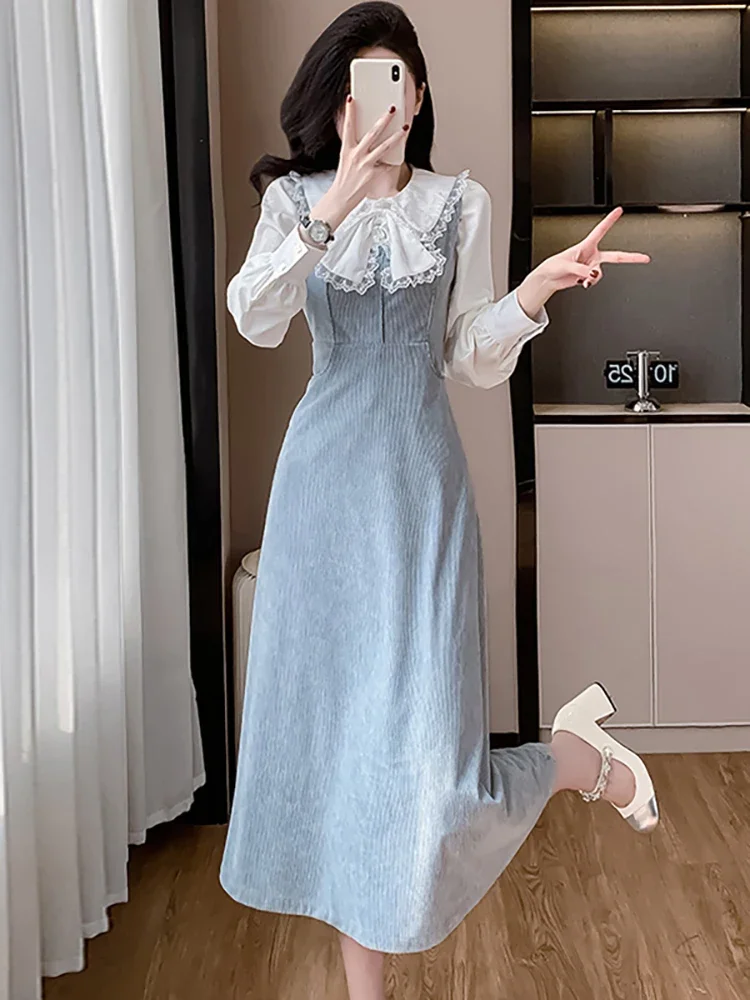 Automne hiver blanc Chic nœud dentelle poupée col t-shirts + bleu velours côtelé sangle robe deux pièces ensembles 2025 femmes coréen robe costumes