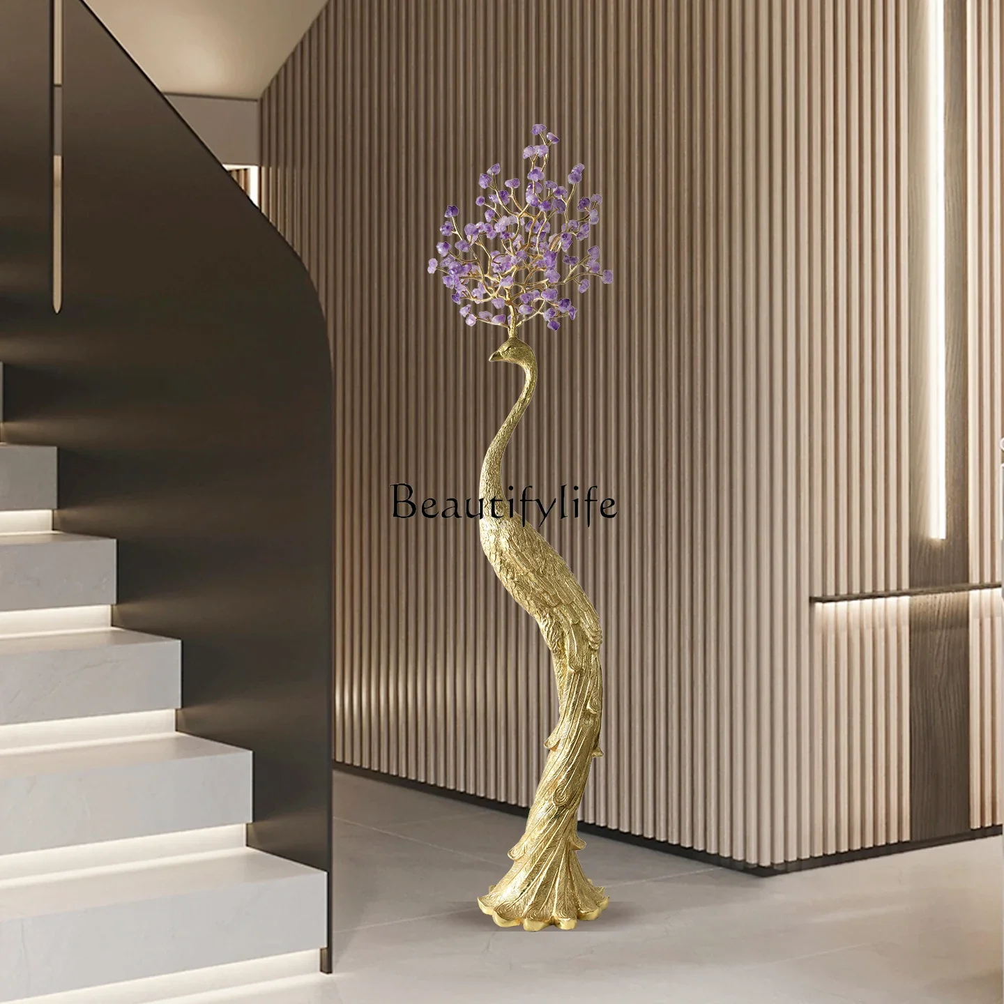 ls 42Large floor-to-ceiling peacock copper ornament high-end atmospheric high-grade villa living room ornament
