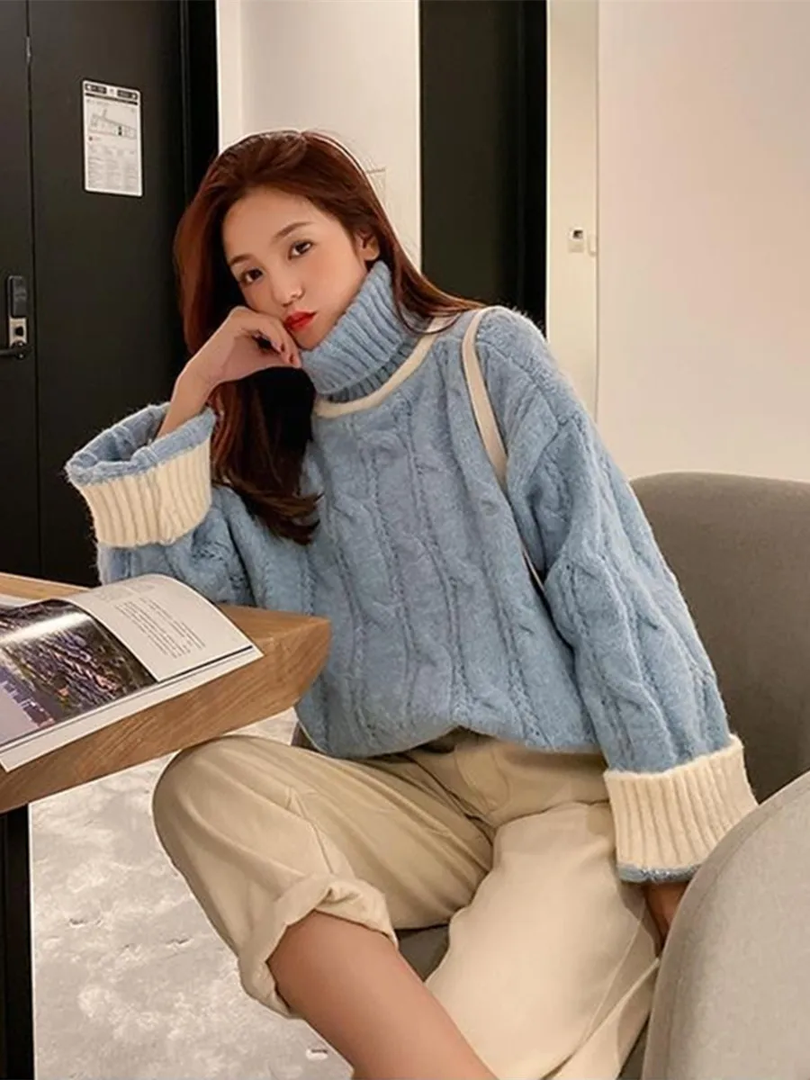 Suéter de punto con cuello alto y forro polar ueso para mujer, Top de manga larga de estilo Vintage cálido y hoado para o...