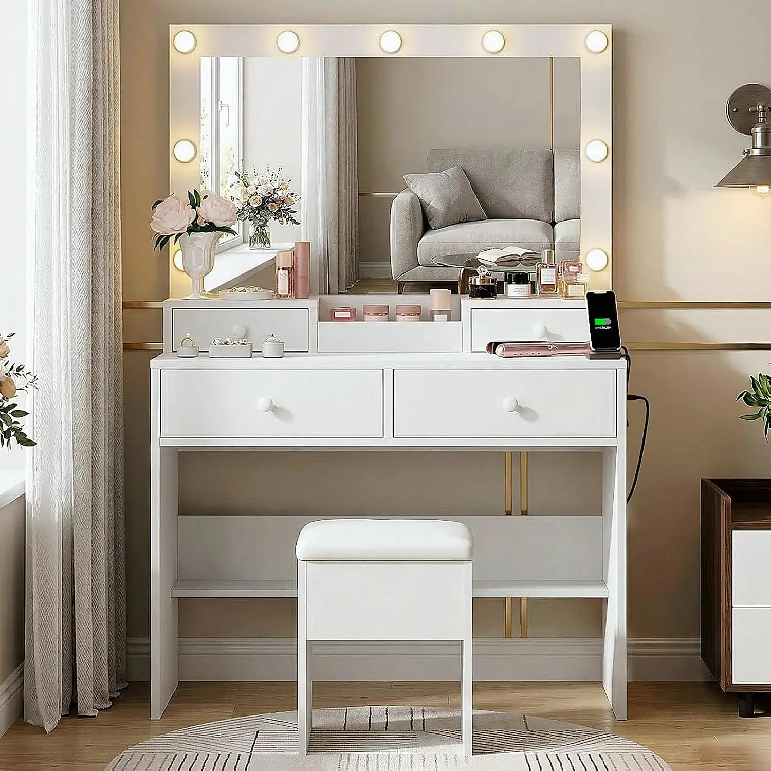 Vanity Desk Set with LED Mirror, Storage Chair, White Makeup Table | Built-in Power Outlet, 9 Light Bulbs, 3 Lighting Modes, 4