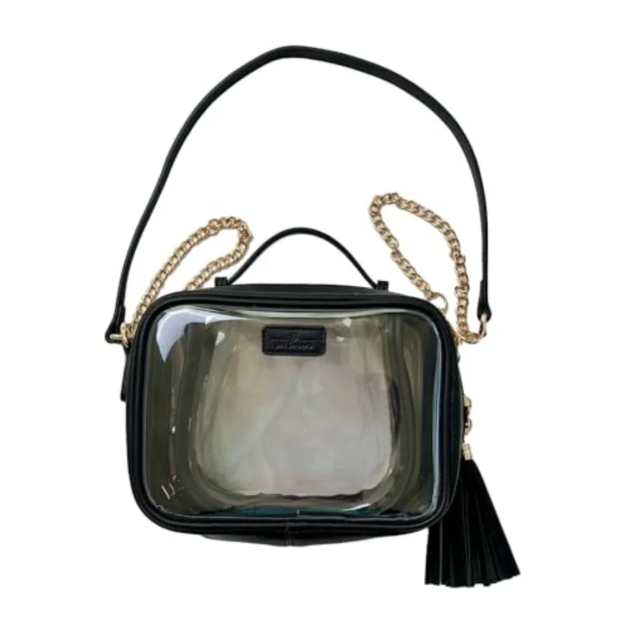 

Прозрачная трансформируемая косметичка-клатч с кожаным ремешком и цепочкой, черная, модель The Bold