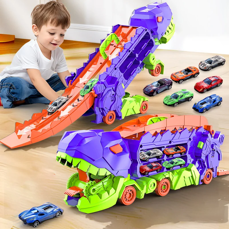 

Childen Transport Dinosaur Truck Toy Set With Foldable Sliding Race Track Car Model Transforms Puzzle Toy