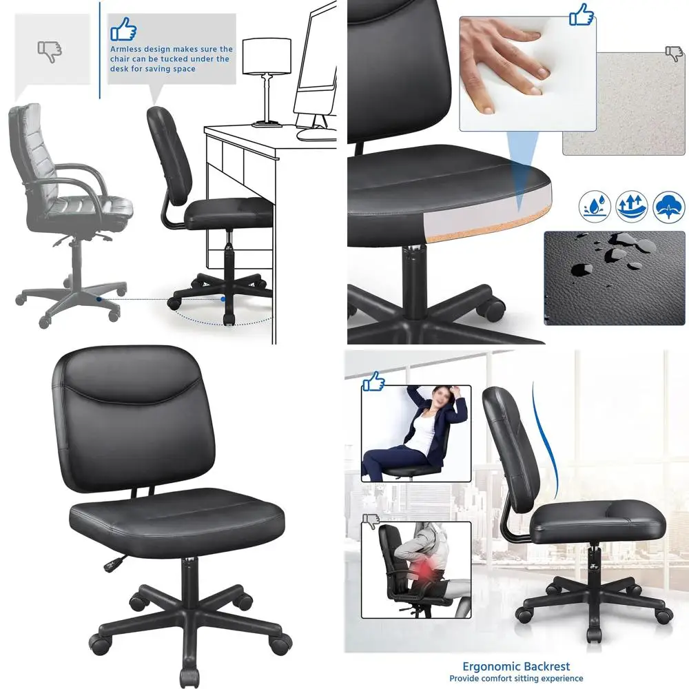 

Adjustable Height Desk Chair - Black Faux Leather Computer Chair Without Armrests