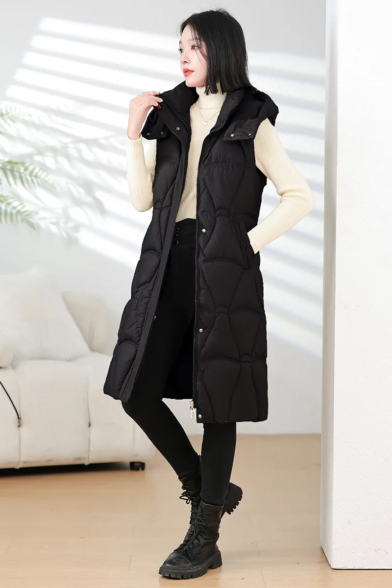 Long Parkas Women Thick Zipper Vest Coats Sleeveless Jacket Hoodies Solid Pocket Jackets Vests Elegant Warm Autumn Winter