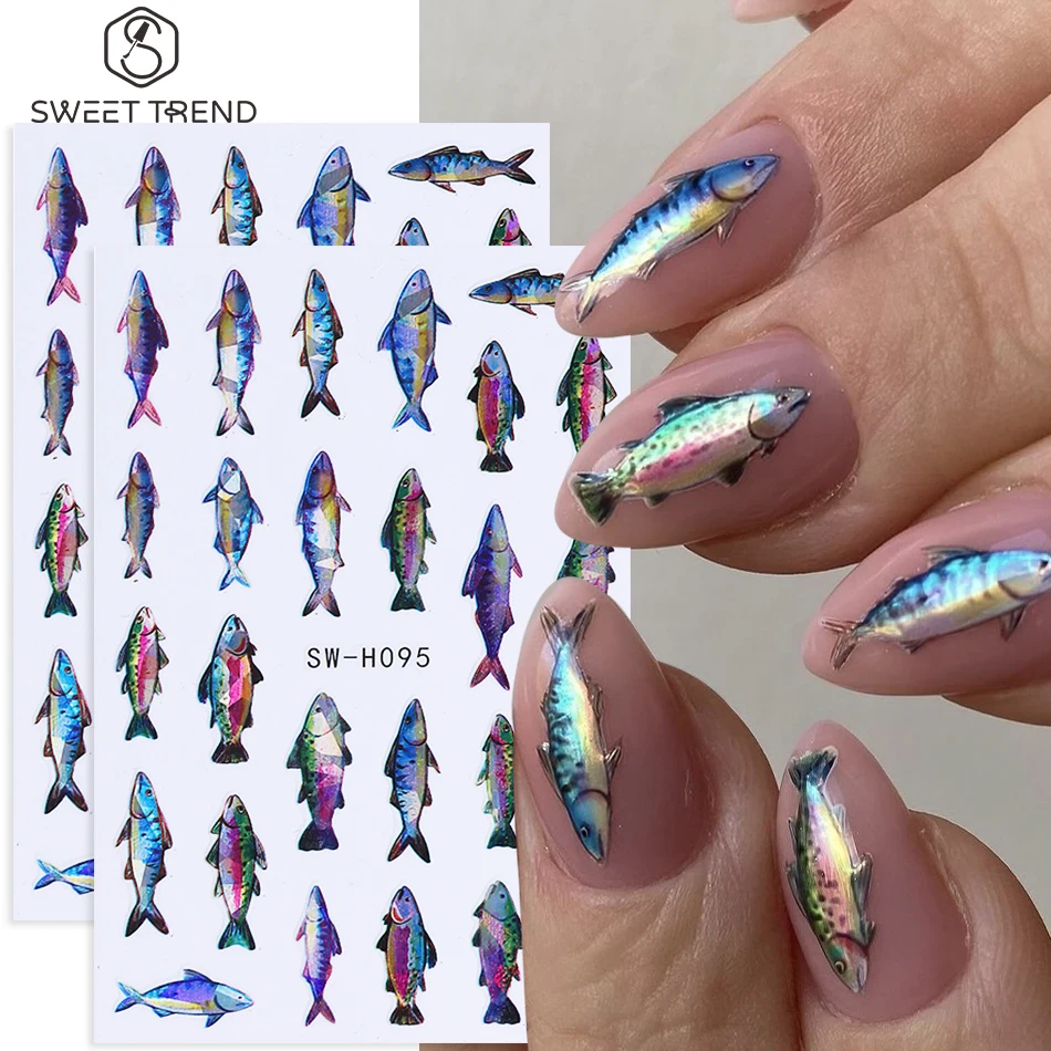 2pcs Laser Fish Nail Art Stickers Cartoon Ocean Fish Pattern