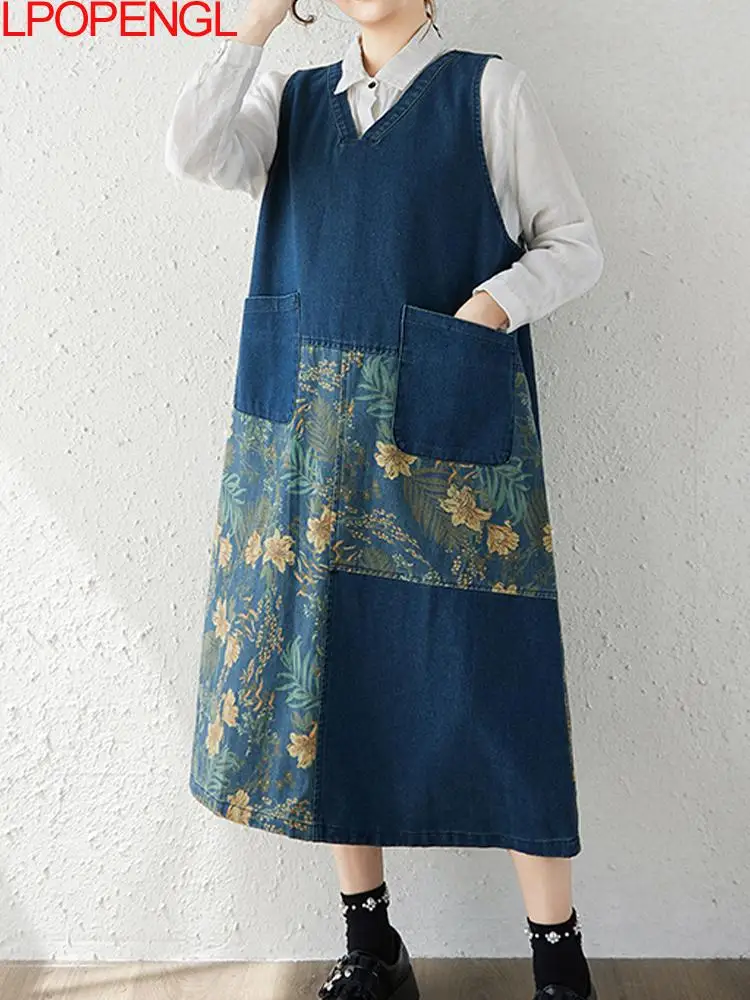 

Модный пуловер в этническом стиле в стиле ретро, без рукавов, в стиле пэчворк, с карманами и принтом, новинка 2025, женское контрастное джинсовое платье большого размера с v-образным вырезом