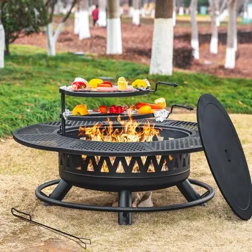 47 Inch Fire Pit with 2 Grills, Outdoor Extra Large Firts for Outside, Wood Burning Fireplace for