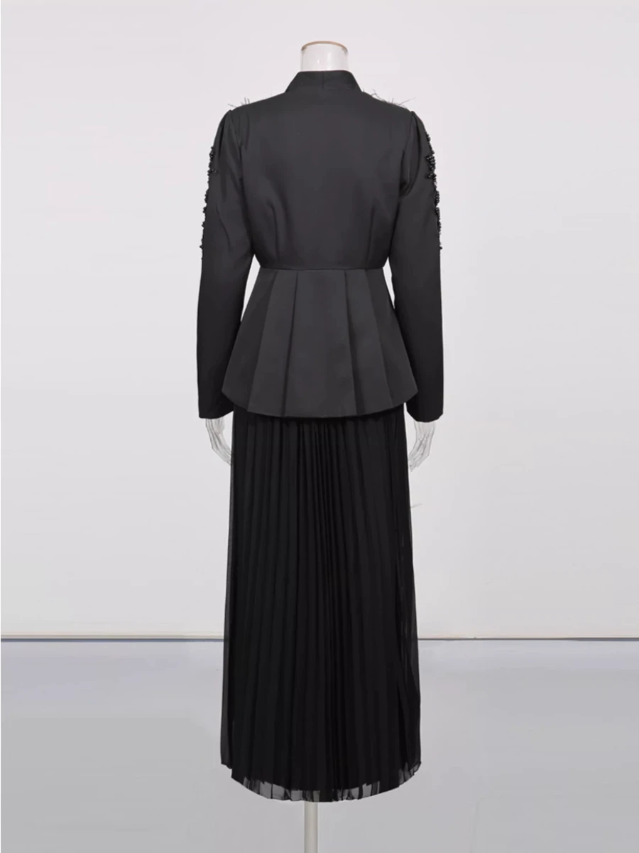 CHICEVER Solid Spliced Beads Two Piece Set Female V Neck Long Sleeve Jacket Luxury Commute Women's Dress Sets Fashion Style New view 3