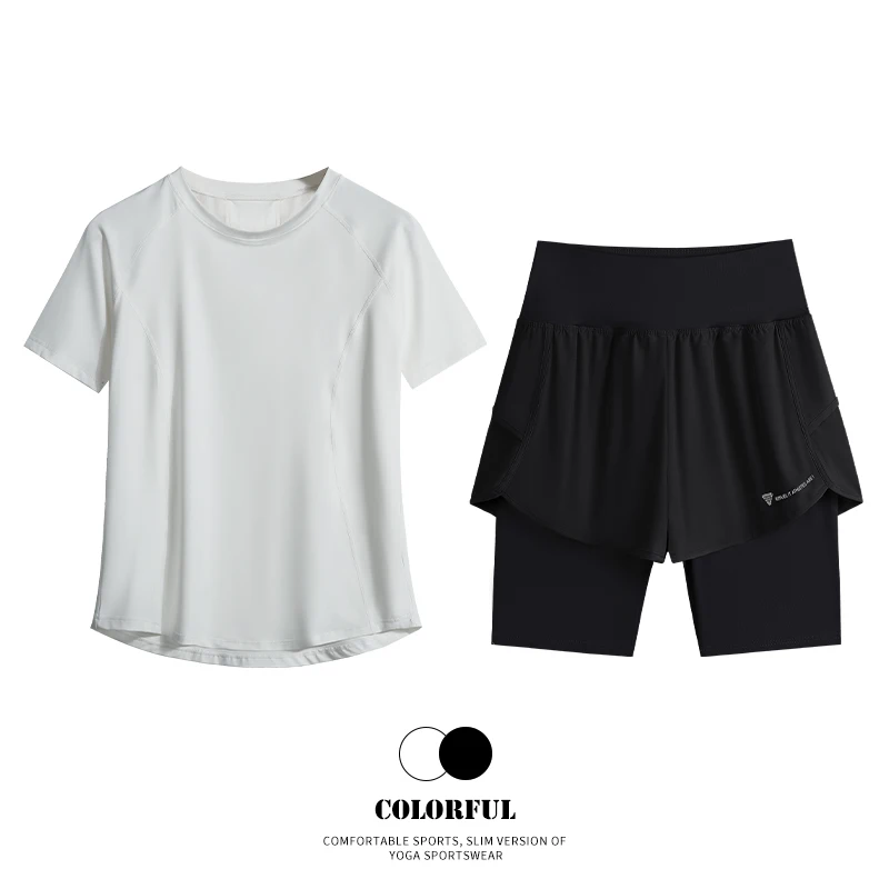DRUR Women's Gym Fitness 2pc Yoga Set Mesh Back T-Shirt Ruffled Shorts Hidden Pocket Breathable Gym Running Pilates Sportswear