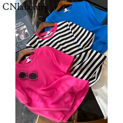 CNlalaxury 2024 Spring Summer New Women's Color Casual Striped T-shirt Short Sleeve Crewneck Top Simple Style