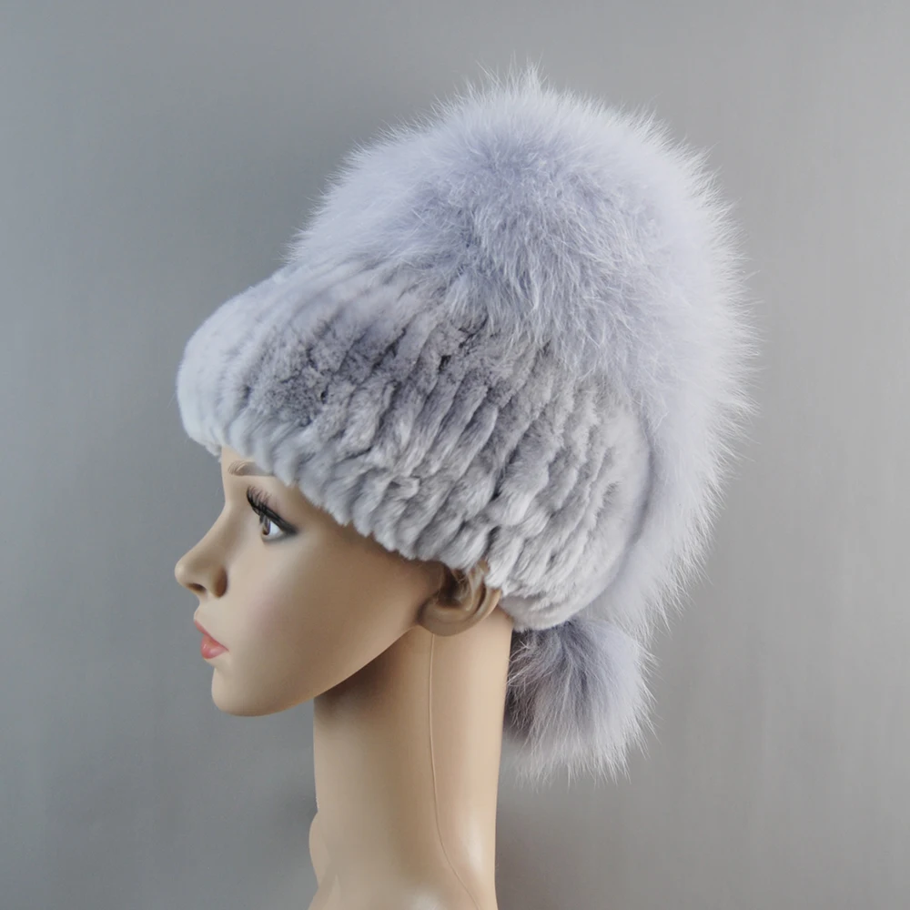 2025 New Style Hot Winter Hats for Women Real Rex Rabbit Fur Elastic Knitted Cap with Fox Fur Fall Bonnets Women's Beanies Hat