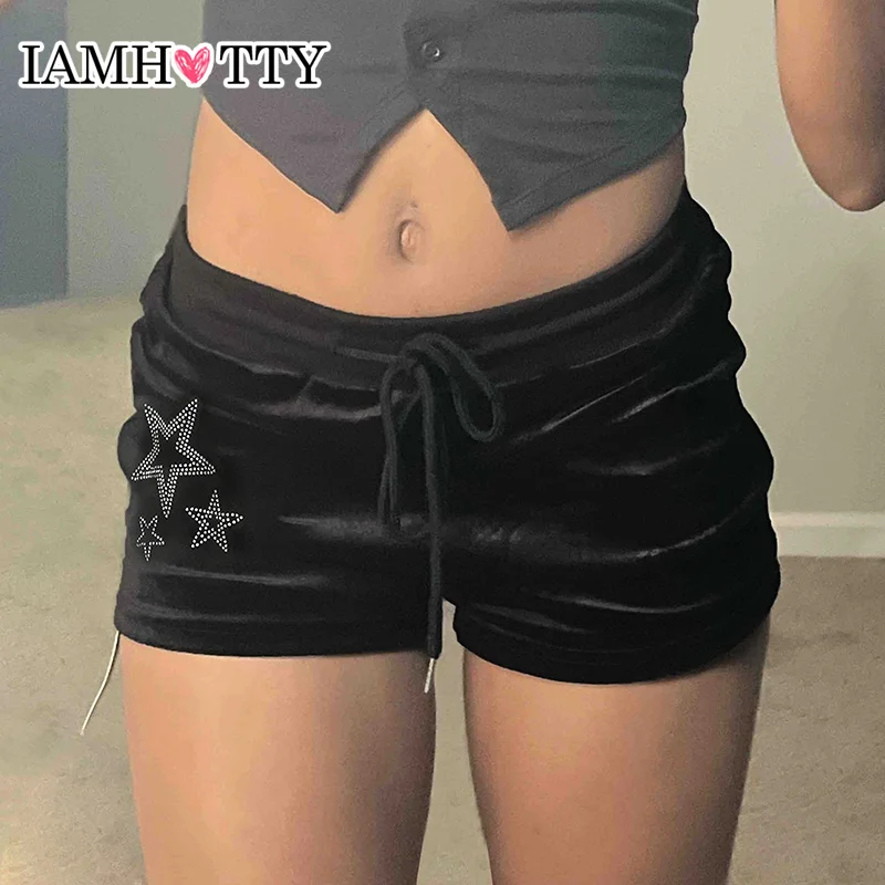 

IAMHOTTY Star Rhinestones Velvet Shorts Drawstring Tie-up Low-rise Hot Pants Vintage Slim-fitting Streetwear Y2K Bottoms Women