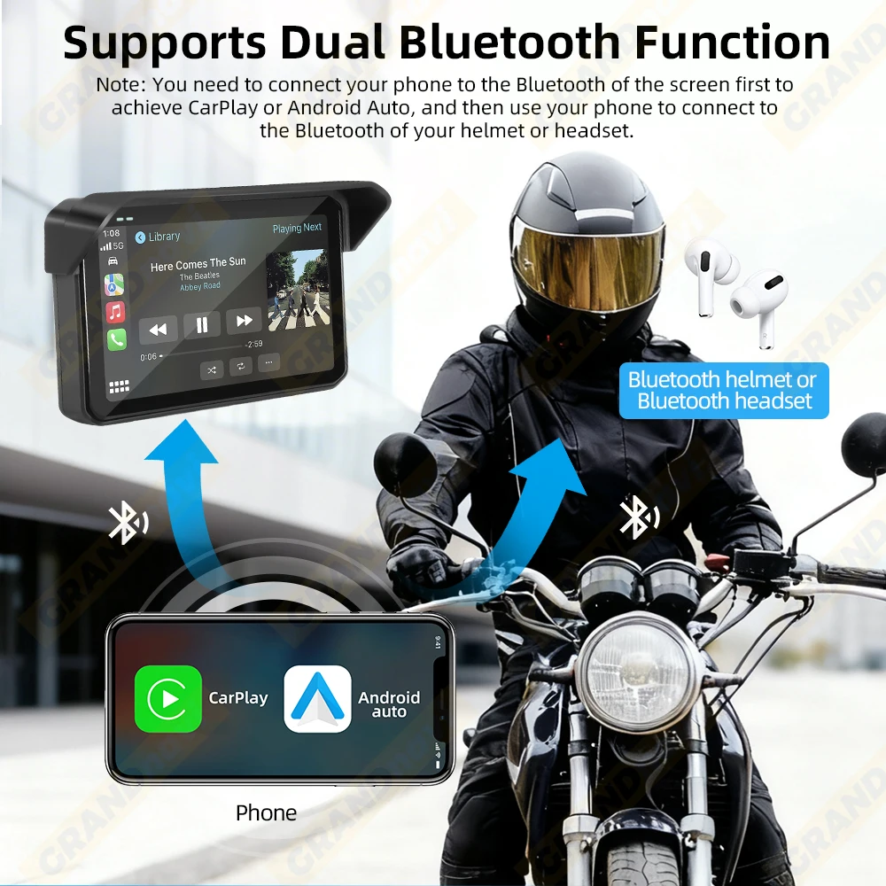 5 بوصة دراجة نارية لتحديد المواقع والملاحة IPX67 مقاوم للماء اللاسلكية CarPlay أندرويد السيارات محرك مسجل BSD دعم 2K + 1080P عدسة مزدوجة DVR