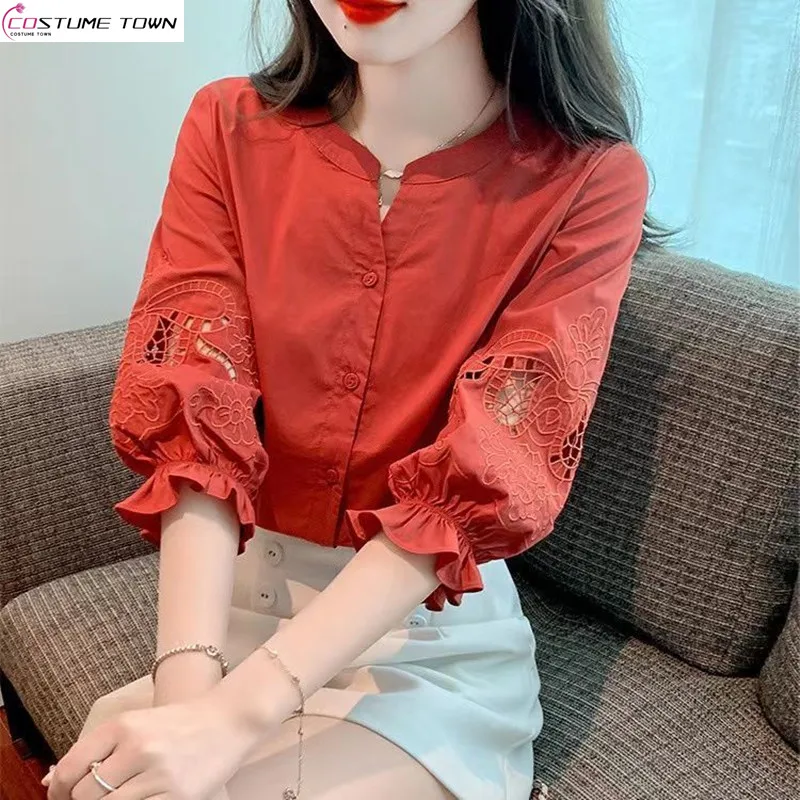 Spring and Summer New Short Sleeved Chiffon Shirt Women\'s 2024 New Bubble Sleeve Mid Sleeved Top Unique Shirt