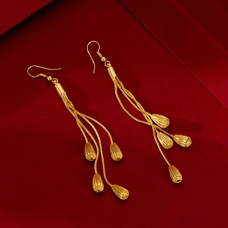 9999 Real Gold 24K Women's Wheat Fringe Earrings, Temperament National Style Water Drop Earrings Ethnic Style Earrings