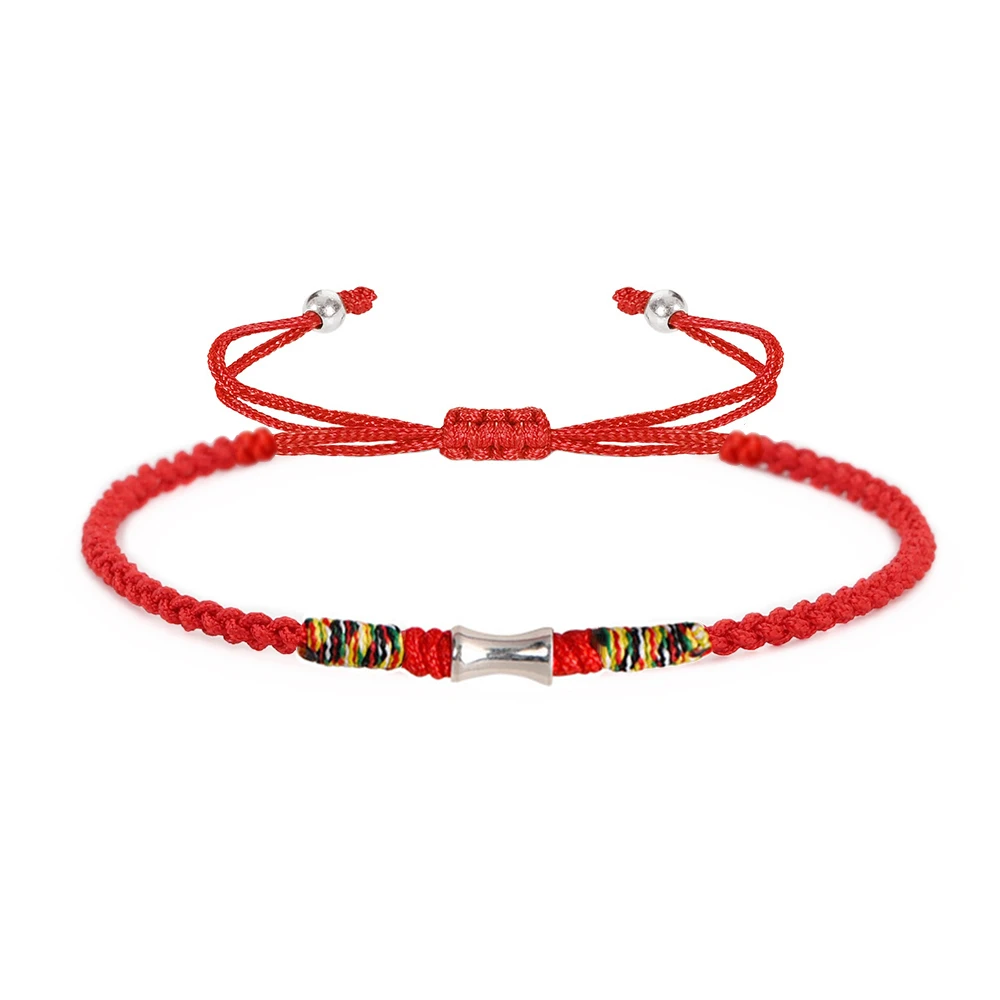 Adjustable Red String Bracelets with Silver Color Bamboo Bead Braided Red Cord Bracelet for Women Unisex Adults Simple Jewelry