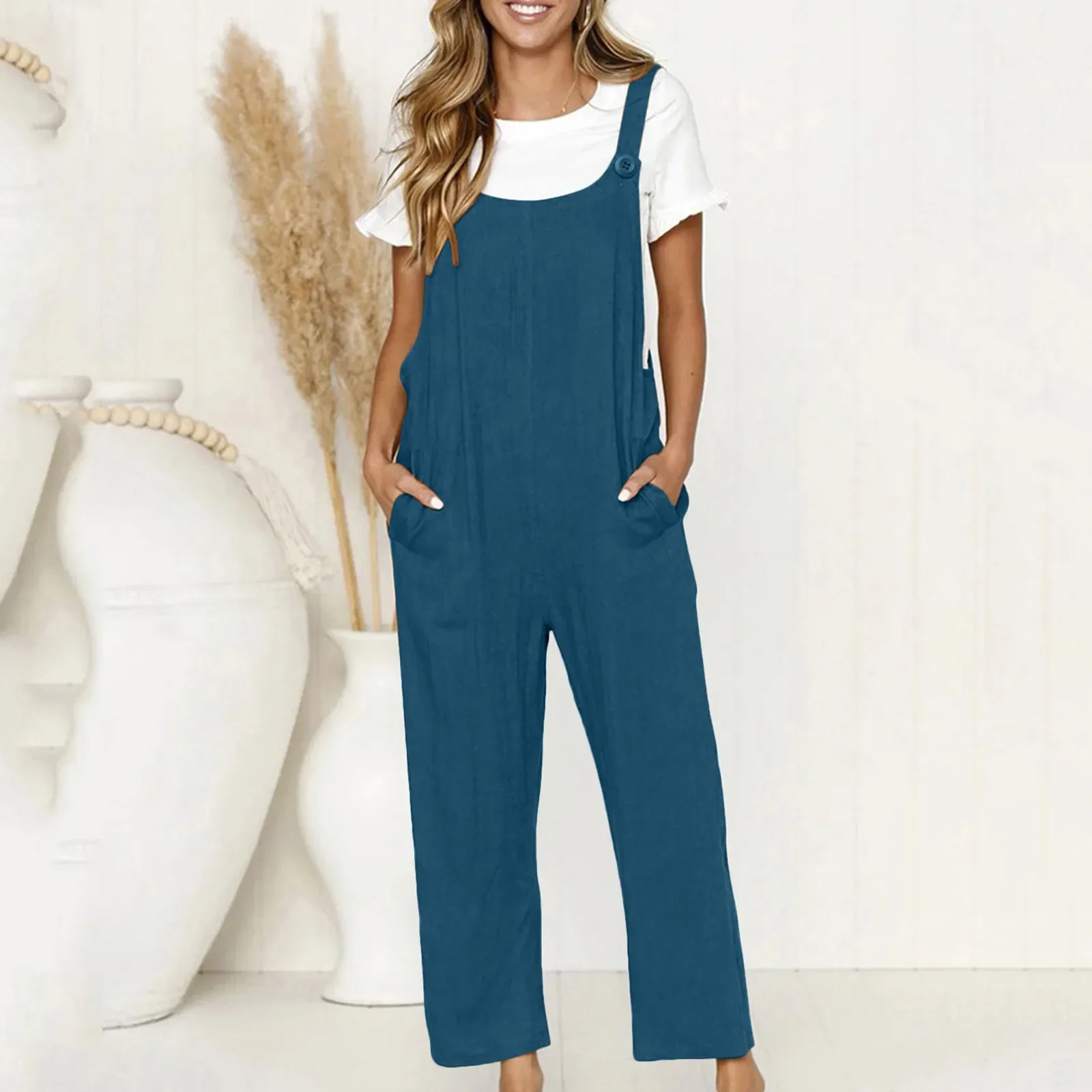 Large Size Linen Women Jumpsuits Casual Vintage Solid Color Sleeveless Adjustable Straps Loose Jumpsuit Bib Overalls For Women