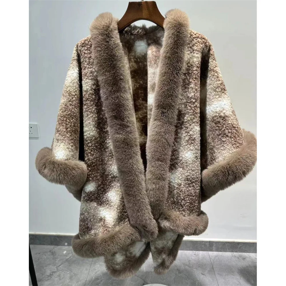 2024 Winter Women Long Faux Fur Collar Granular Velvet Poncho Cape Thick Cardigan Overcoat Loose Shawl Cloak Bat Type Streetwear