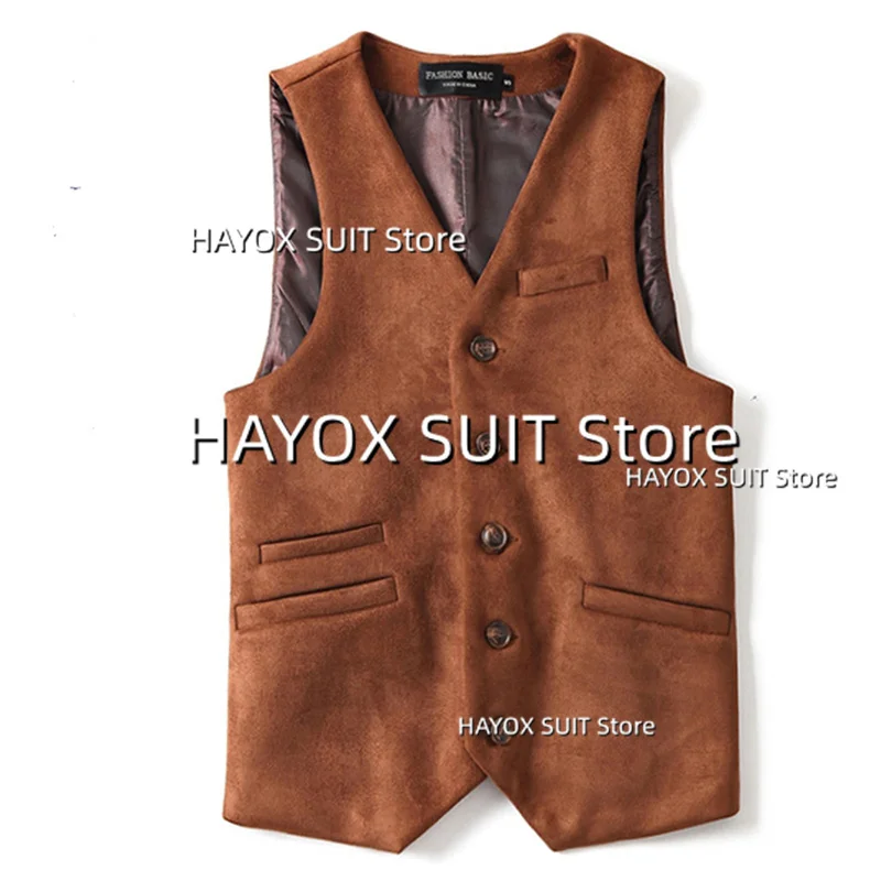 Men's Suit Vest Suede V-Neck Single Breasted Sleeveless Jackets Waistcoat Party Ball Chalecos Hombre