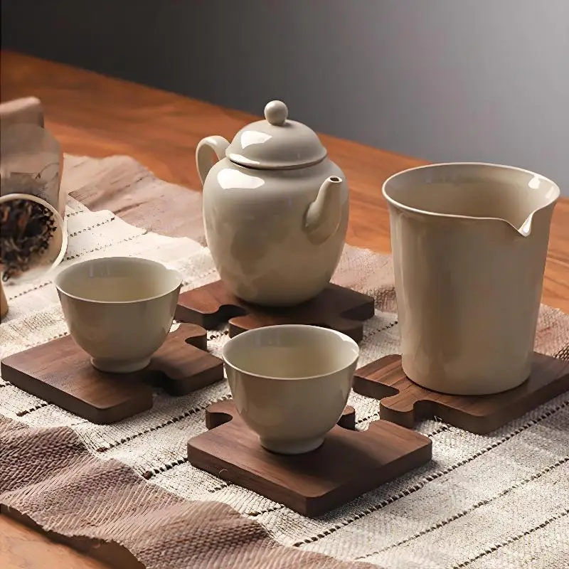 4pcs Wooden Coaster Retro Style Teacup Mats Creative Building Block Shape Cup Mat Desktop Heat Insulation Mats Tea Sets Supplies view 5