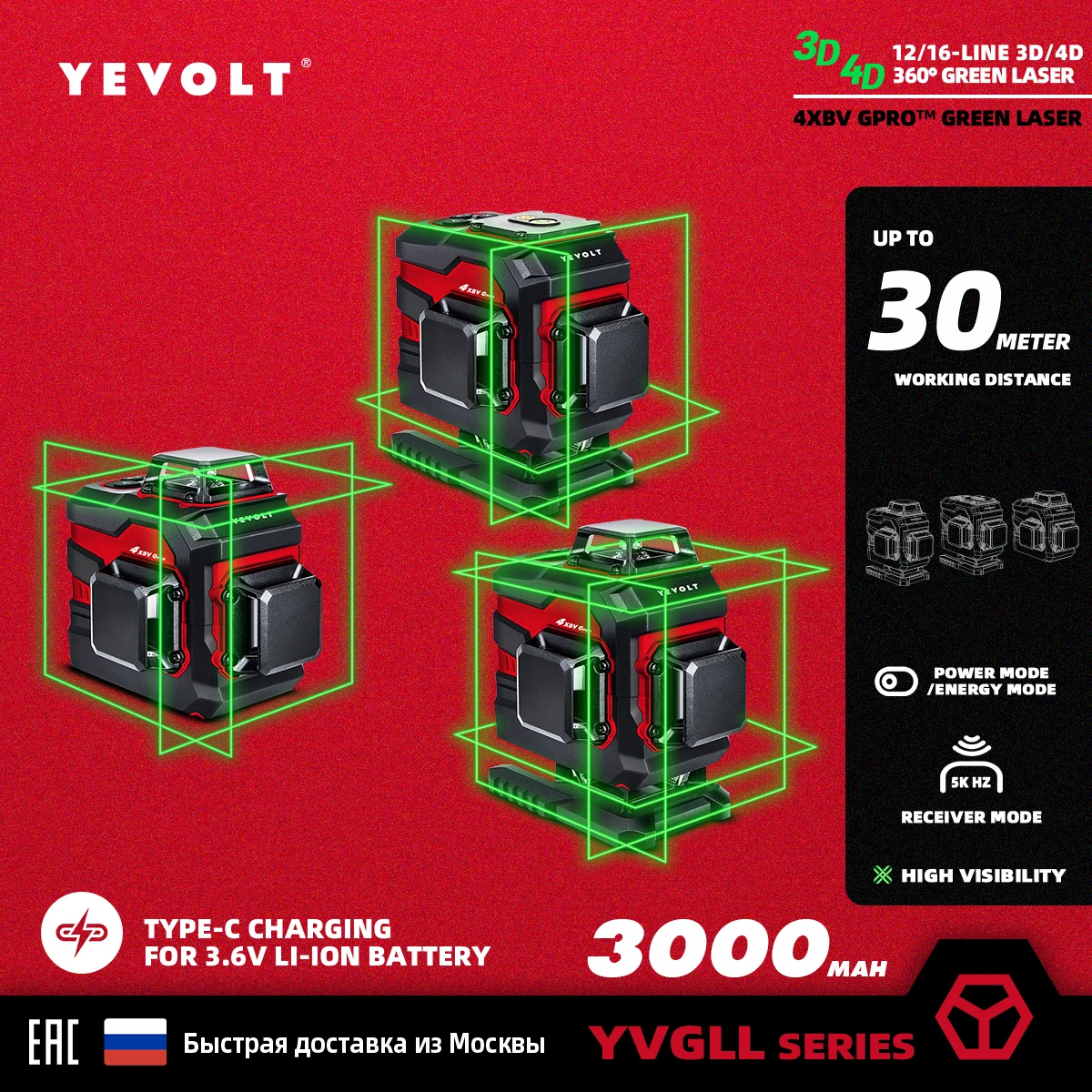 YEVOLT Laser Level Green 3/4-Plane 12/16-Line Self-leveling 360 3D/4D Measuring Tools-1.5M Aluminium Tripod YVGLL4XS-Series