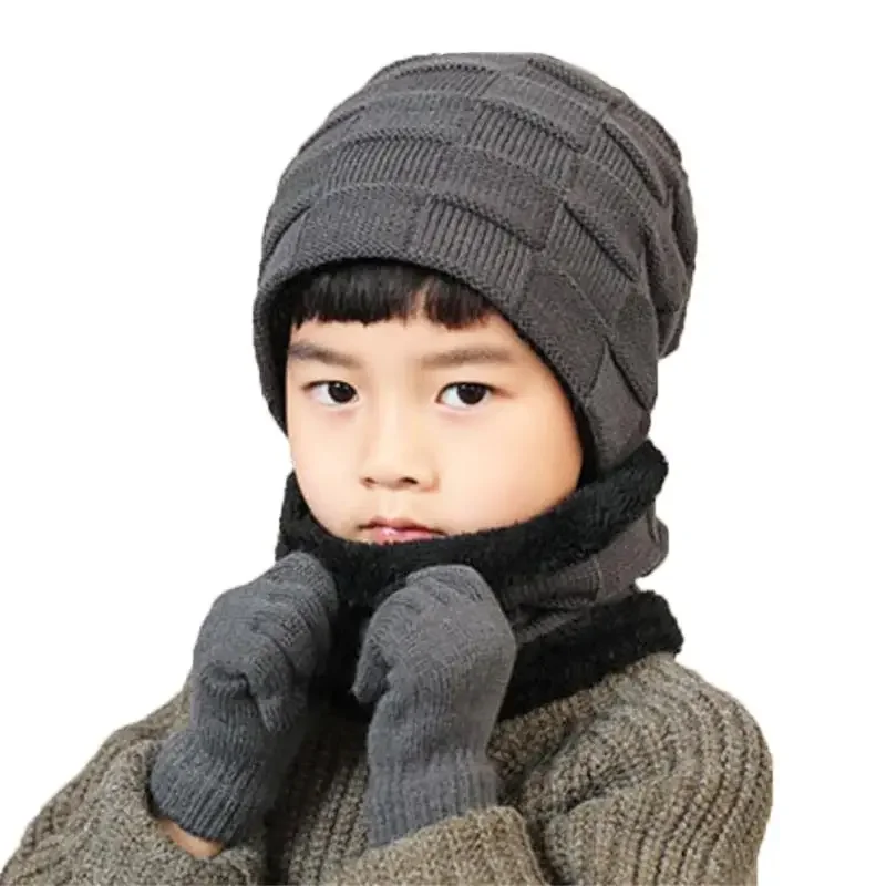 Ensemble écharpe et gants en peluche pour enfants, bonnet chaud pour enfants, écharpes et gants à écran tactile, accessoires pour garçons, plein