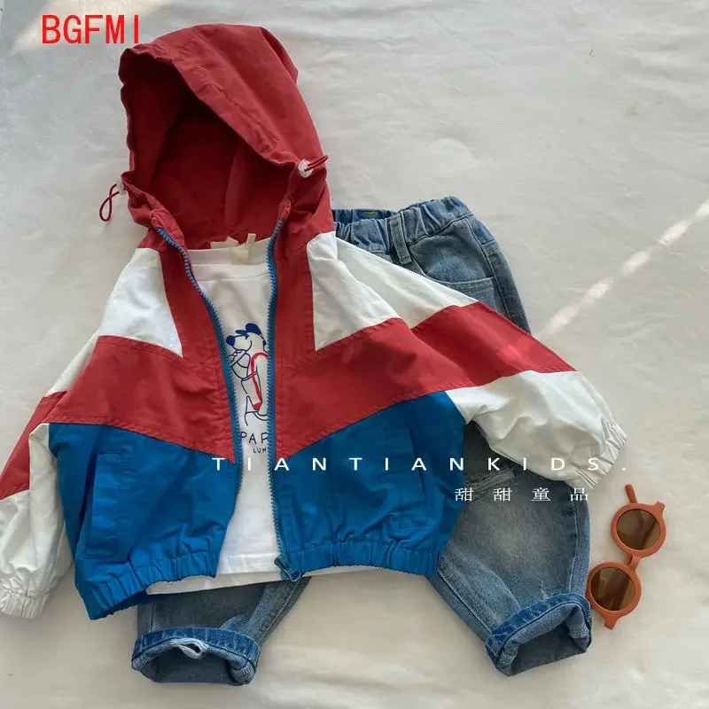 Boys Korean Color Blocking Patchwork Hooded Windproof Jacket Handsome Children's Spring Autumn New Girl Zippered Coat Jacket