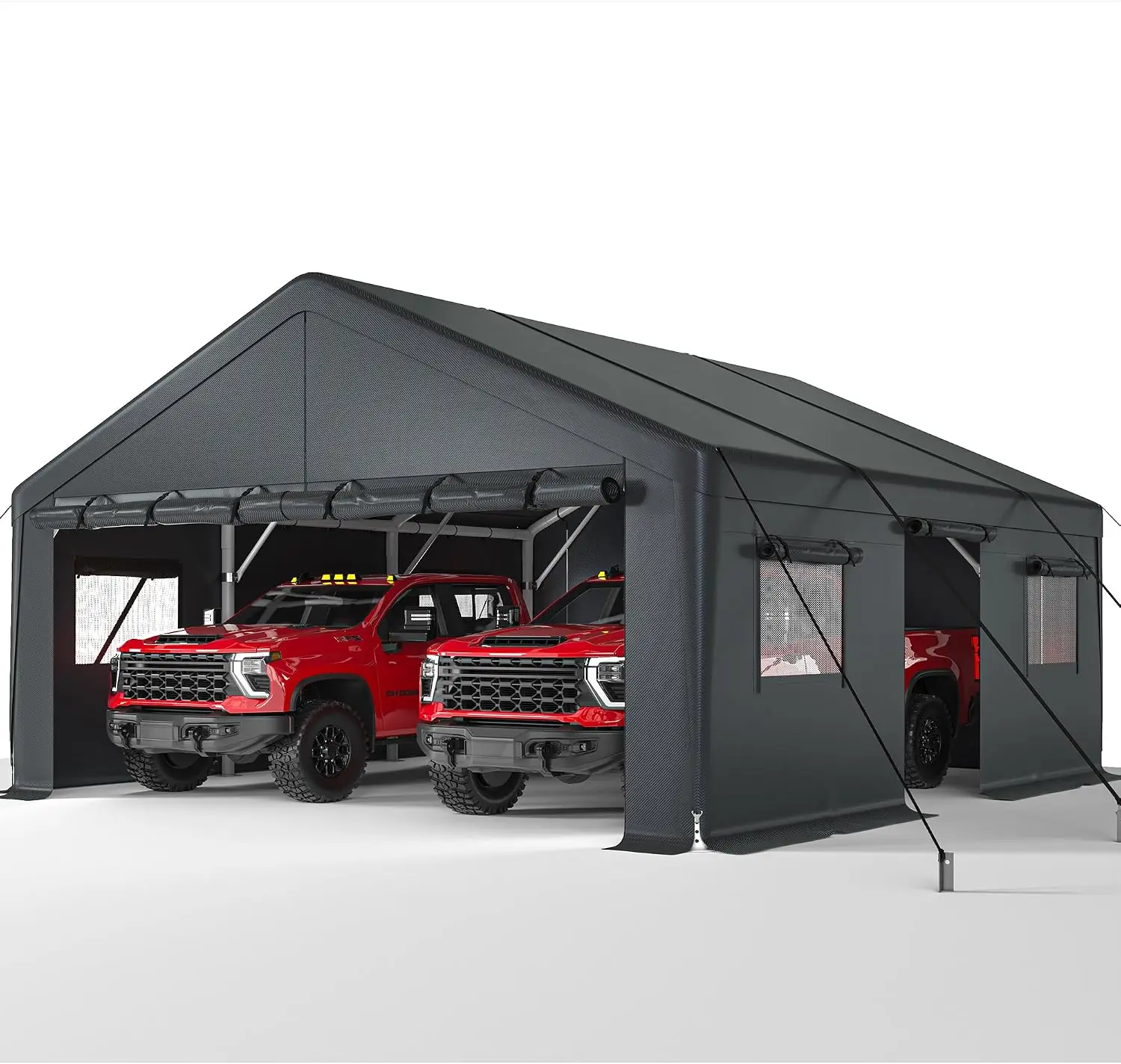 20X20 FT Carport 2 Car Portable Garage Cover Backyard Patio Heavy Duty Metal Shelter Drive Through Doors Roll Up Side Windows Al
