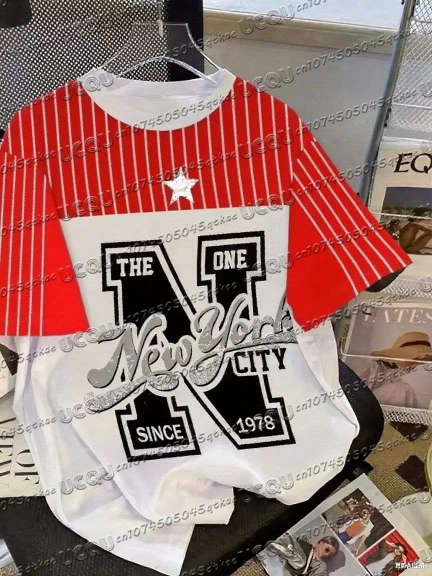 

Summer Fashionable Stripe NEW YORK Print Round Neck Women's Basic T-Shirt Short Sleeve Men's T-shirt Tops Tee