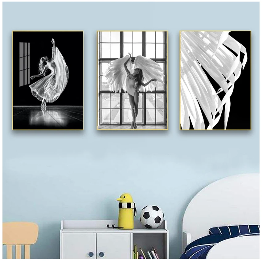 Canvas Painting Scandinavian Decoration Pictures Guardian Angel Poster and Print Angel Woman White Wings Wall Art White Feather