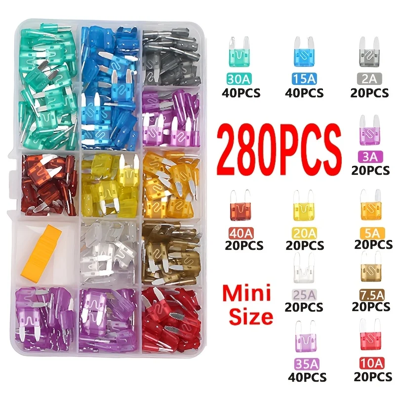 200Pcs/280Pcs Small-Sized Fuses with a Dedicated Puller, Suitable for Most Household Cars, Suvs, Trucks, Motorcycles, and Electric Vehicles Original Fuse Slots; Stored in a Compartmentalized Storage Box for Organized Sorting, Keeping Them Tidy and Preventing Them from Mixing; Comes with a Free Puller Tool, Saving Time and Effort during Installation and Replacement, Often Used for Regular Vehicle Maintenance and Spare Wiring.