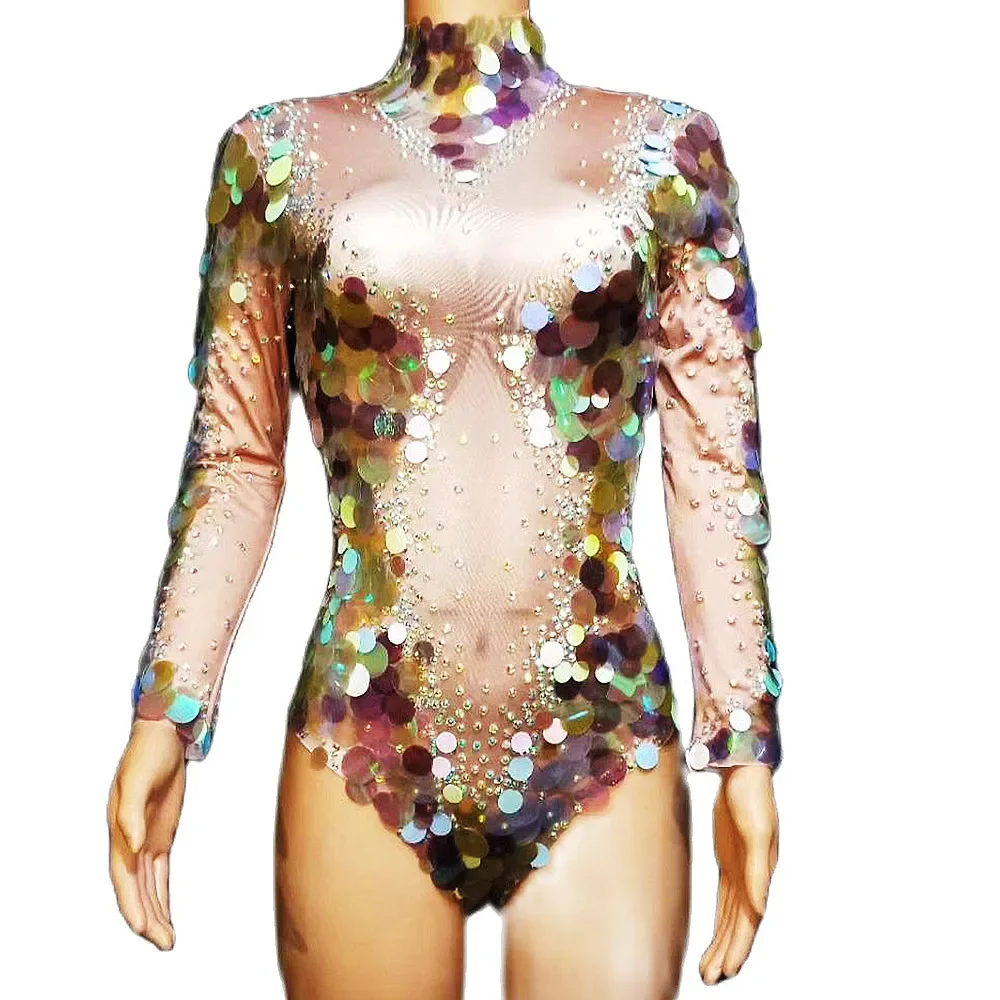 

Sparkling Women Long Sleeve Modern Dance Bodysuits Sexy Sequin Tight Leotard Jumpsuits Birthday Celebrate Evening Prom Costumes