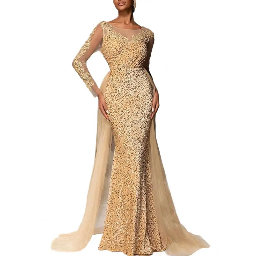 Zachte lichtgewicht stoffen jurk Elegante avondjurk met pailletten en kanten mouwen Tot de grond Bodycon Maxi voor cocktail voor dames