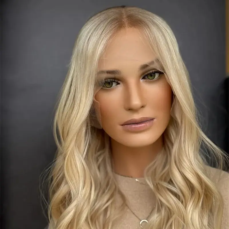 

Парик для вечеринок и повседневного использования, с центральным пробором, омбре, светло-золотистый блонд с балаяжем, HD кружевной фронтальный парик с светло-коричневыми корнями, 16 дюймов