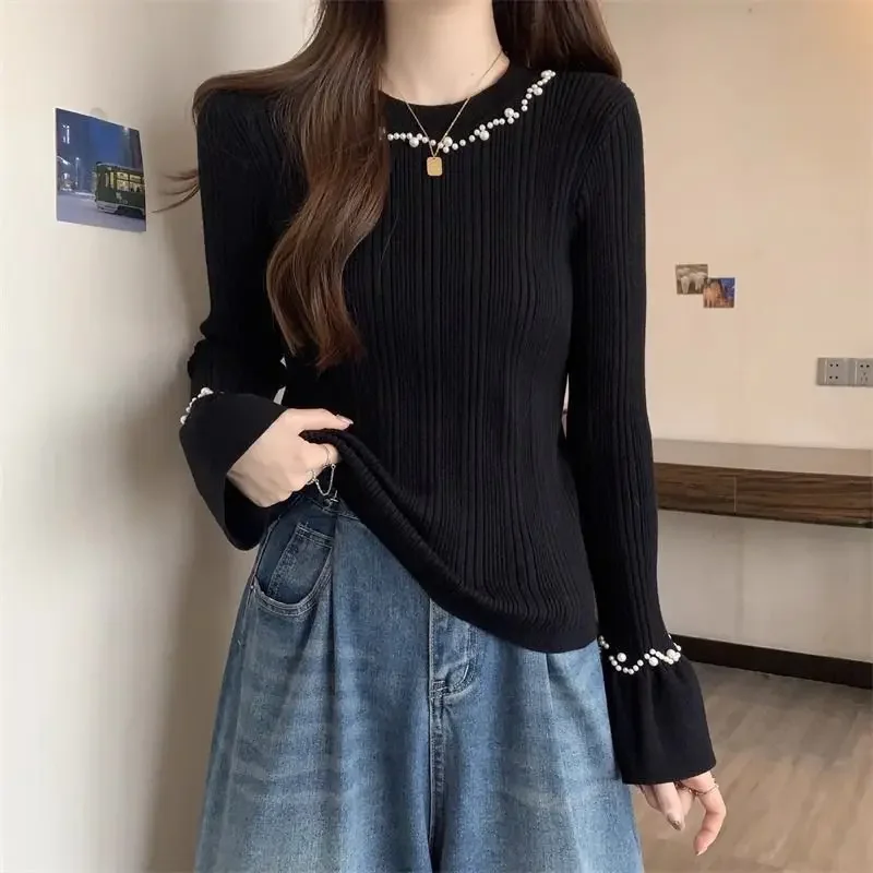 Frauen Koreanische Mode Elegante Chic Perlen Grundlegende Gestrickte Pullover Frühling Herbst Süße Feste O Hals Langarm Schlank Pullover Tops