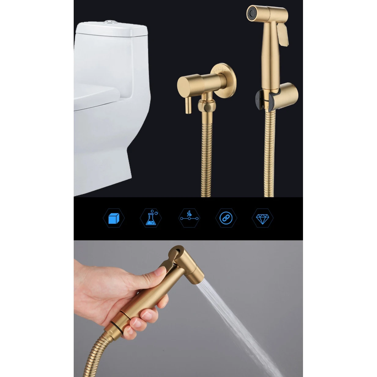 Banheiro Toalete Bidé Tap Kit, escovado Ouro, parede Montado Bidé Pulverizador, chuveiro com válvula de corte