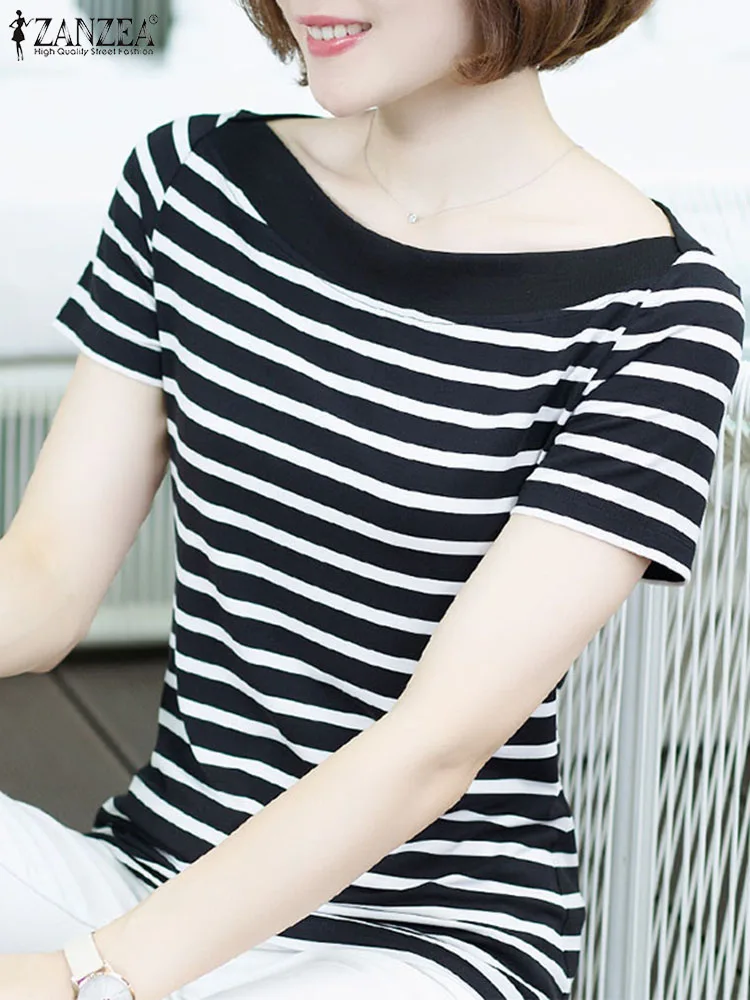 ZANZEA Women Short Sleeve Blouses Everyday 2024 Summer Boat Neck Striped T-shirt Casual Stylish Tunic Tops Korean Fashion Blusas