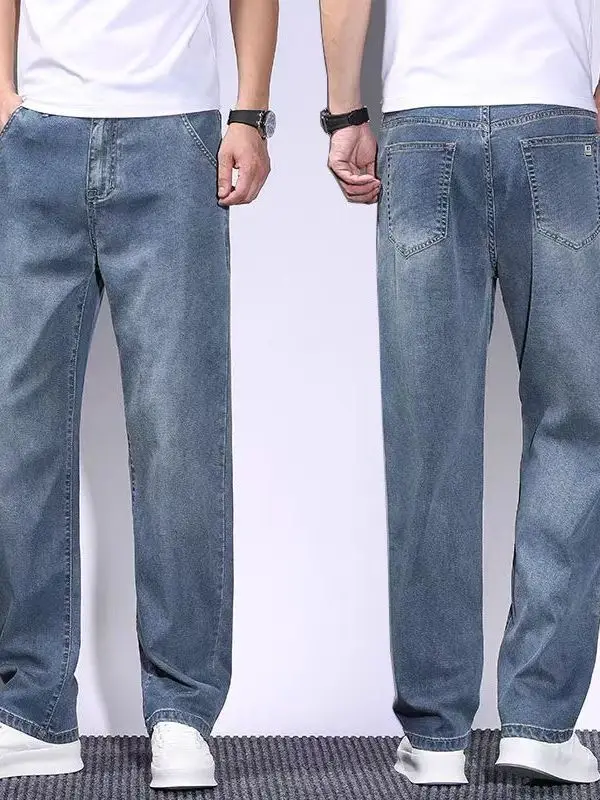 

Высококачественные эластичные светло-голубые джинсы мужские свободного кроя большого размера, прямые, повседневные, износостойкие рабочие брюки из хлопкового стрейч-денима