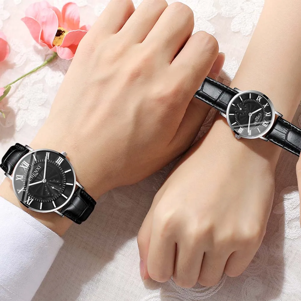 CHENXI Couple's Matching Watches Stylish Women's Quartz Watch with Round Dial  Leather Strap Men's Watch Set Gift for Couple