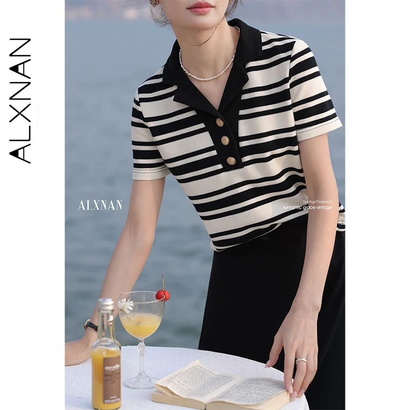 ALXNAN Dames Gestreept T-shirt Polo Kraag Korte mouw Gebreid T-shirt 2025, Zomer Elegant Casual Loose-fit Tops Dames L55333