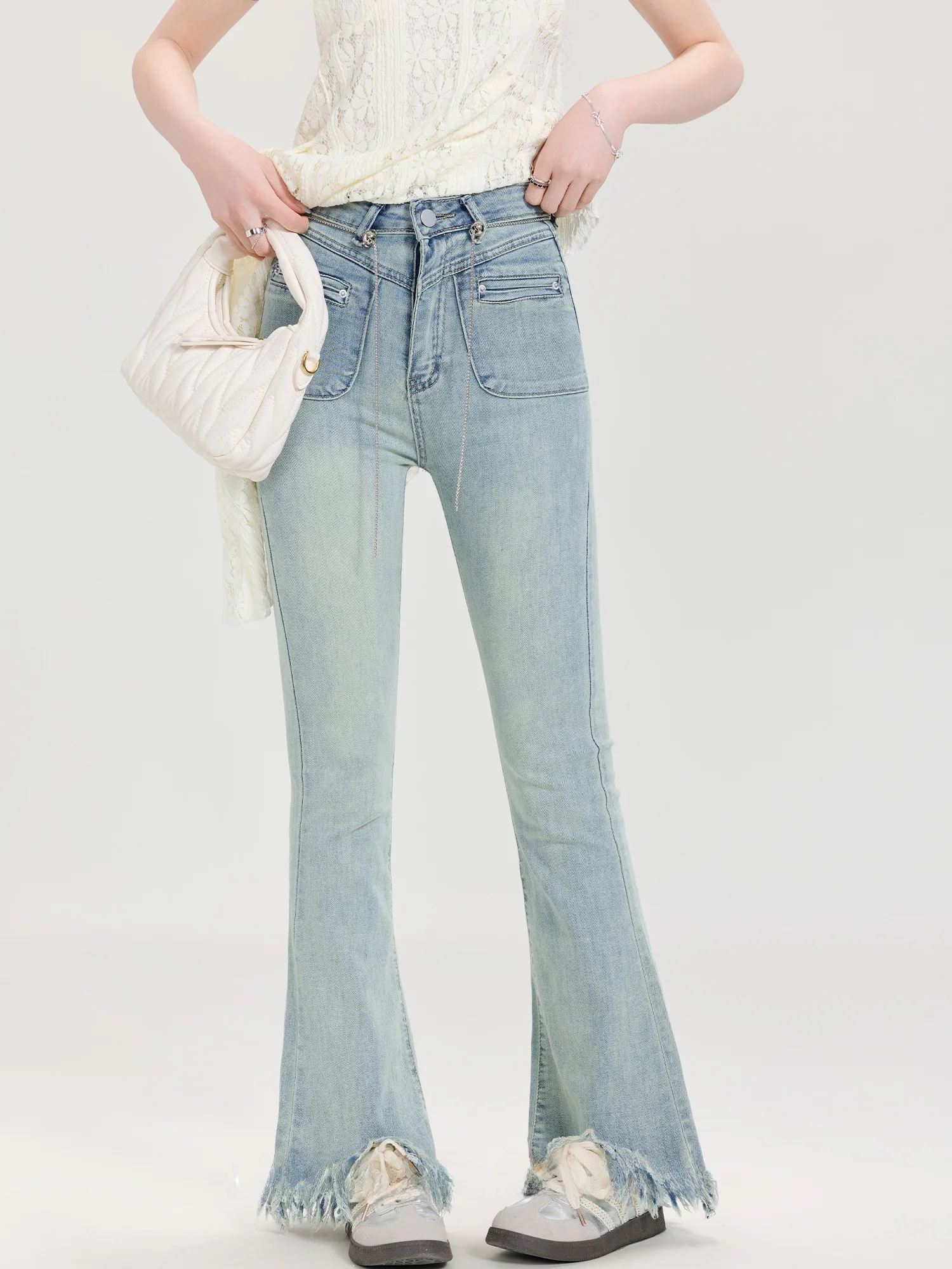 

High Waist Bell Bot Blue Waed Denim Jeans Women's Summer Slim Fit Straight Leg Long Pants Casual Sle Zipper Closure
