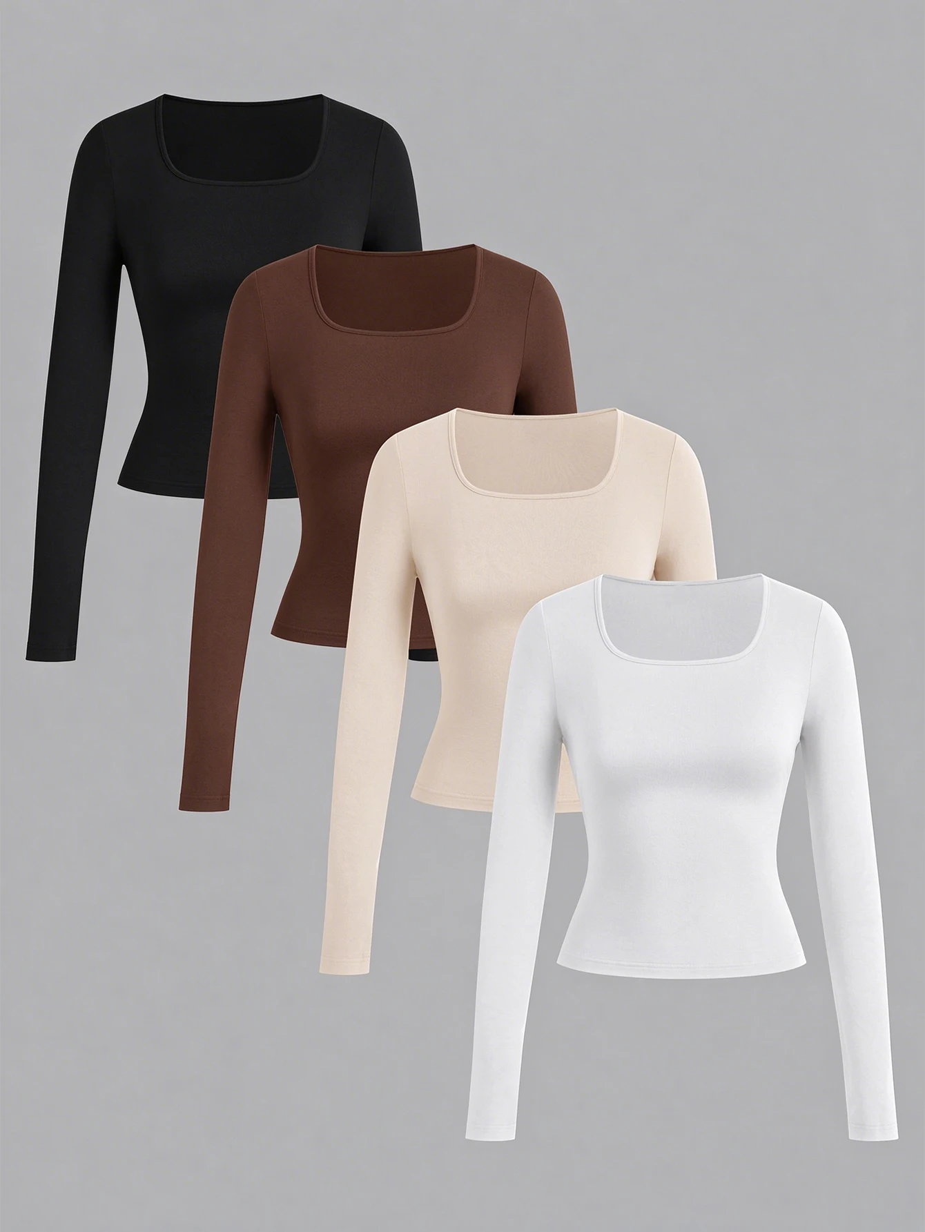 4 Pack Women's Square Neck Long Sleeve T-Shirts Slim Fit Basic Solid Colors Soft Stretch Casual Tops for Fall Black Brown Beige
