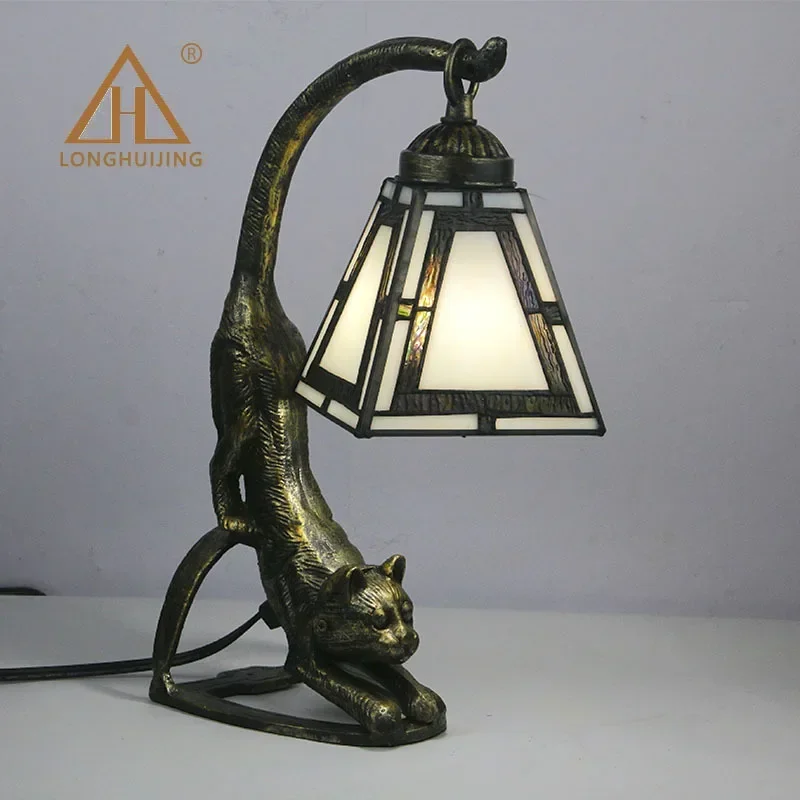 Cat Art Stained Glass  Dragonfly Pattern Table Desk Lamp Night Light eyes light up