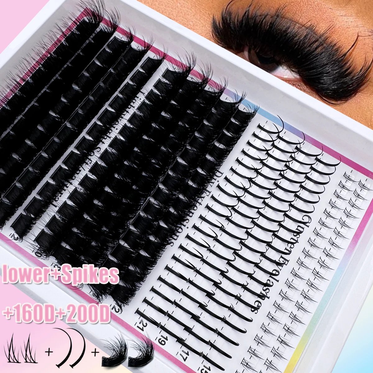 4 Stile Manga Wimpernbüschel, Einzelne Wimpernbüschel mit Spitzen, Spikes + Untere Wimpern + 60D-200D Natürlicher Look, 6-21mm Gemischte Längen – Detail 1