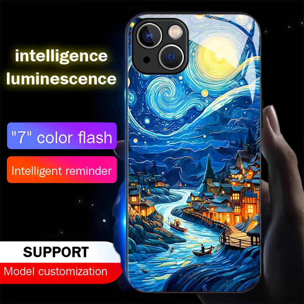 

Oil Painting Starry Sky Smart LED Light Glowing Tempered Glass Phone Case For iPhone Air 17 16 E 15 14 13 12 11 Pro Max Plus