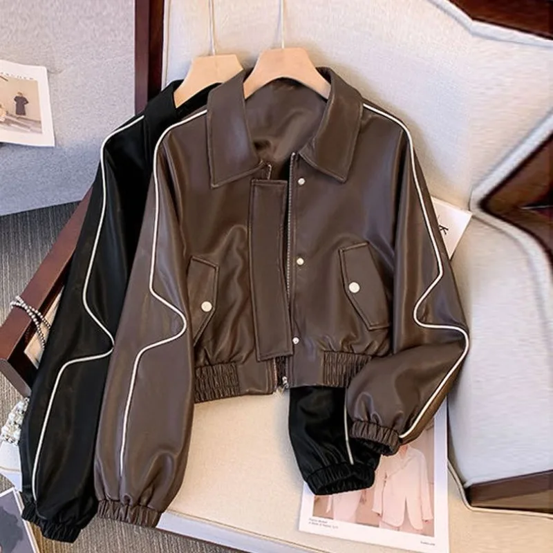 Women's High-end Leather Jacket Coat Short Style Spring and Autumn New Style Loose Fit Fashionable Versatile Motorcycle Stylish