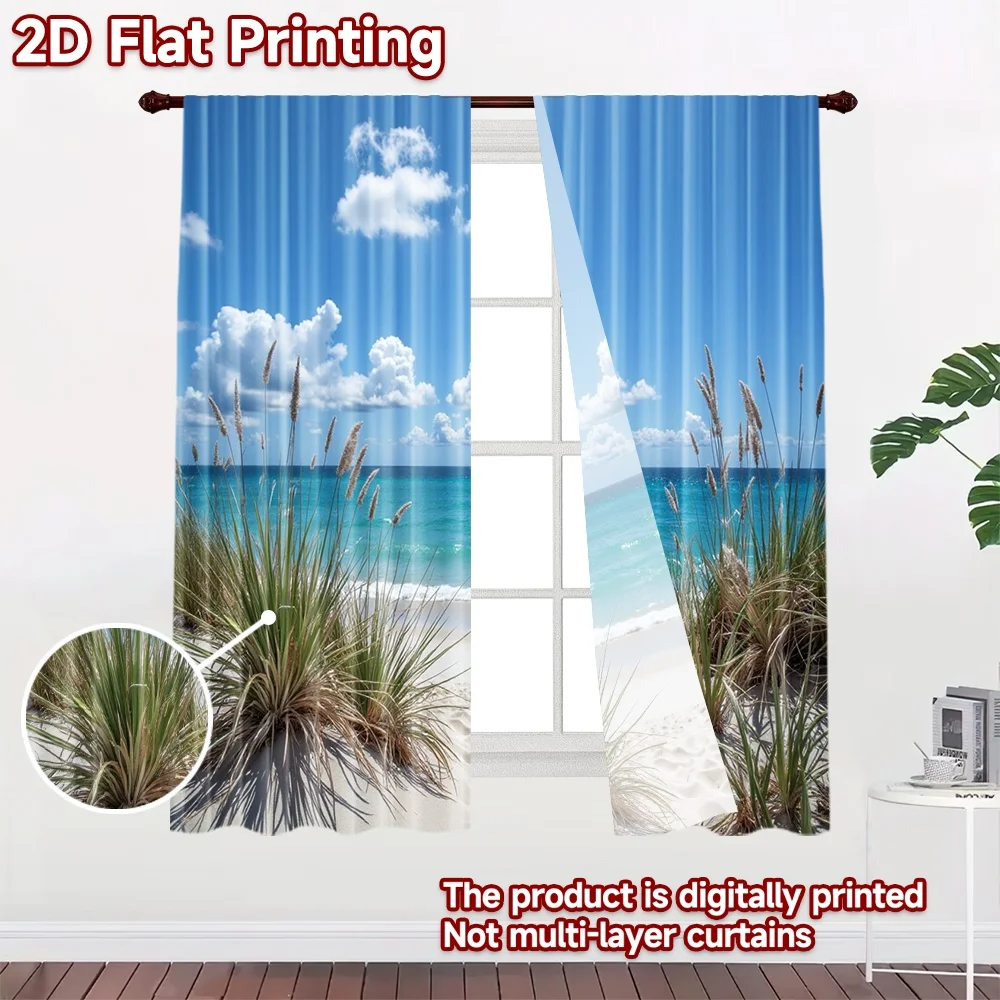 2D flat 2pcs Curtain Vintage drapes and curtains Sunny Beach Dunes Sea Digitally printed polyester, colorfast Festive Wall Decor